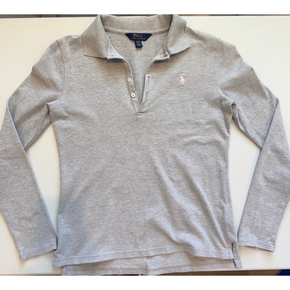 Polo Ralph Lauren Girls XL fits Women's Small Gray Long Sleeve Polo Shirt Logol
